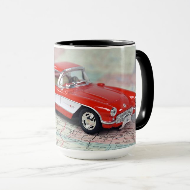 retro 1957 corvette on road map mug (Front Right)