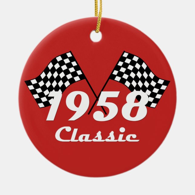 Retro 1958 Classic Black & White Checked Race Flag Ceramic Ornament (Front)