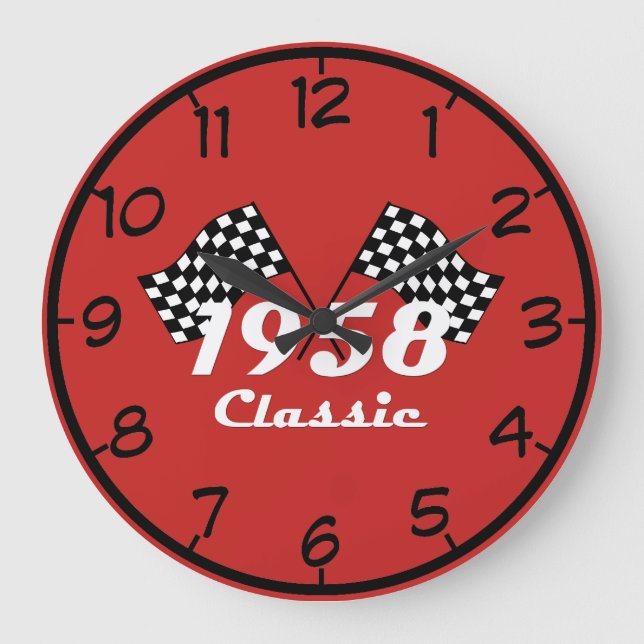 Retro 1958 Classic Black & White Checked Race Flag Large Clock (Front)