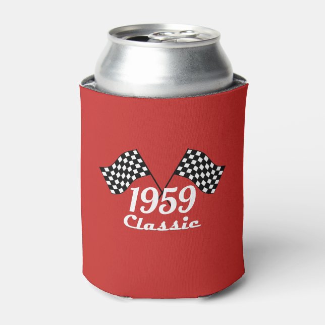 Retro 1959 Classic Black & White Chequered Flag Can Cooler (Can Front)