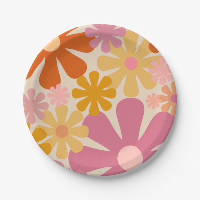 Retro 1960s 1970s Flowers Floral Pattern Paper Plate (Front)