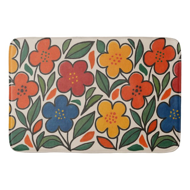 Retro 1960s Style Floral Pattern Bath Mat (Front)