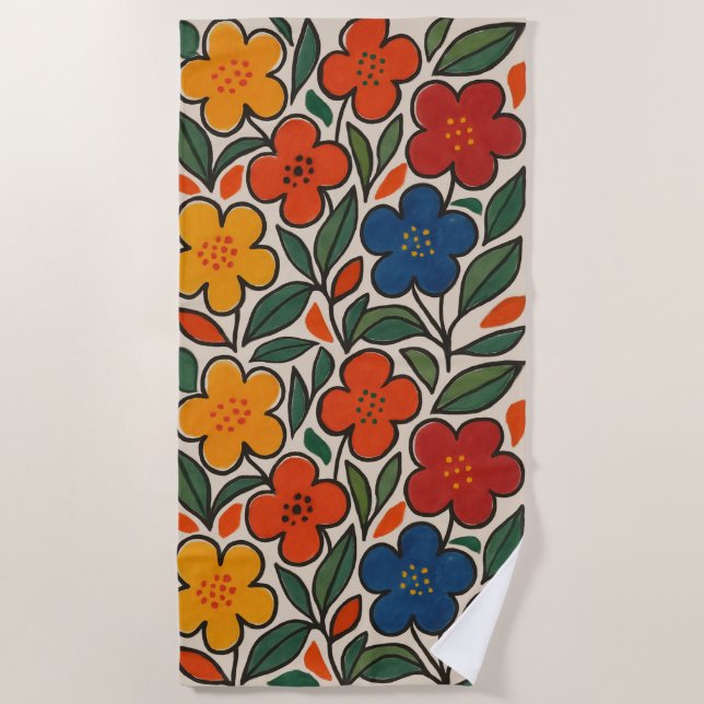 Retro 1960s Style Floral Pattern Beach Towel (Front)