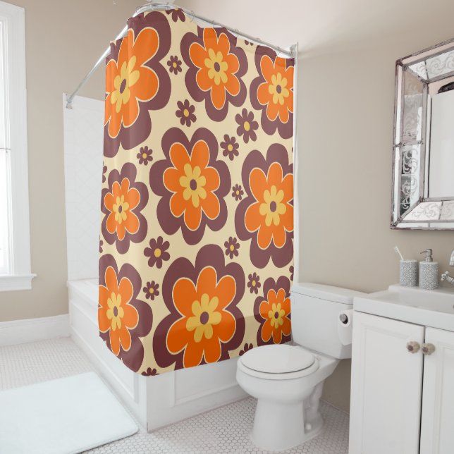 Retro 1960s Style Floral Pattern Shower Curtain (In Situ)
