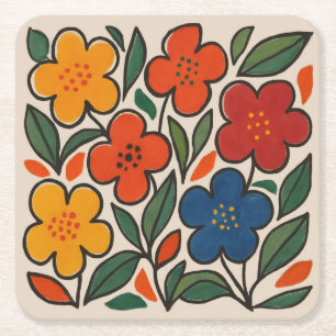 Retro 1960s Style Floral Pattern Square Paper Coaster