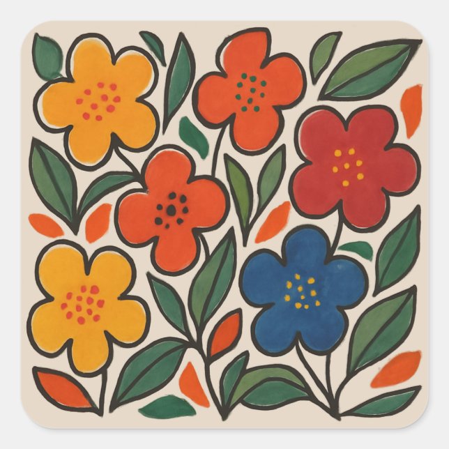 Retro 1960s Style Floral Pattern Square Sticker (Front)