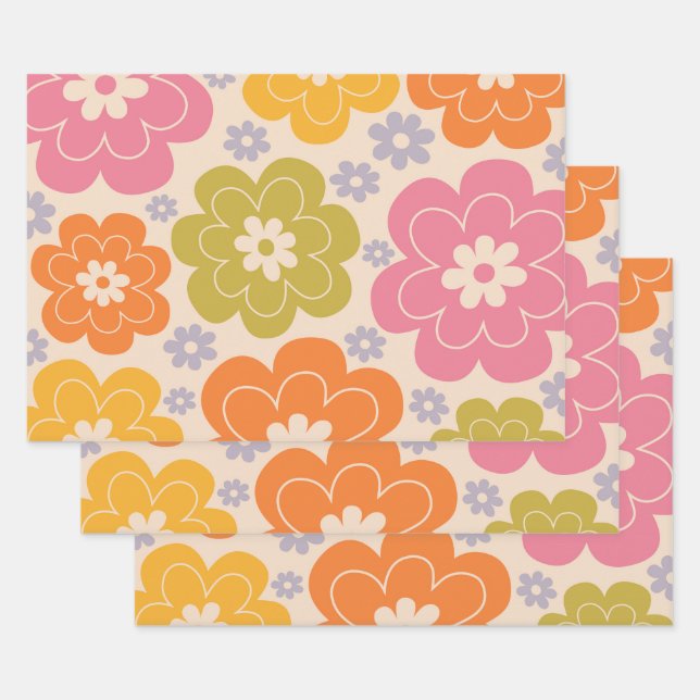 Retro 1960s Style Floral Pattern Wrapping Paper Sheet (Set)