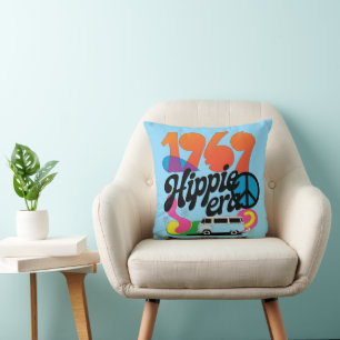 Retro 1969 Hippie Era Graphic with Peace Symbol Cushion