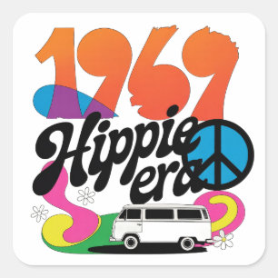 Retro 1969 Hippie Era Graphic with Peace Symbol Square Sticker
