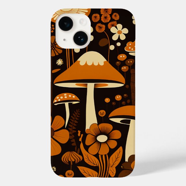 Retro 1970s Brown & Orange Mushrooms & Flowers Case-Mate iPhone Case (Back)