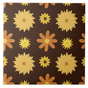 Retro 1970s Brown Orange Yellow Floral Pattern Tile