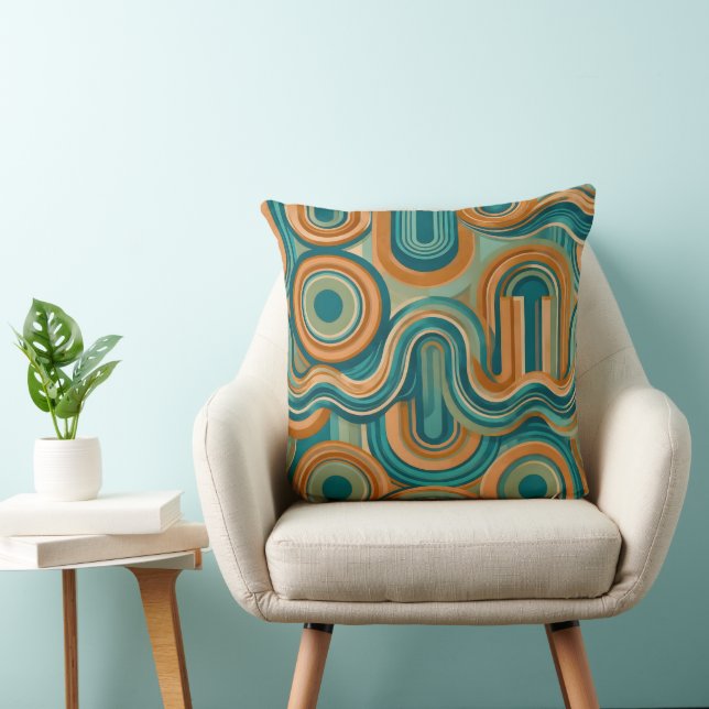 Retro 1970s Geometric Wave Pattern in Teal & Amber Cushion (Chair)