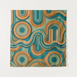 Retro 1970s Geometric Wave Pattern in Teal & Amber Tapestry