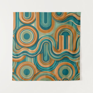 Retro 1970s Geometric Wave Pattern in Teal & Amber Tapestry