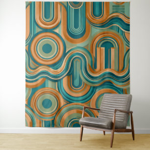 Retro 1970s Geometric Wave Pattern in Teal and Amb Tapestry