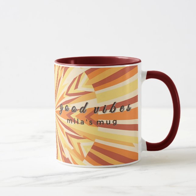 Retro 1970s Good Vibes Custom Name Mug - Maroon (Right)