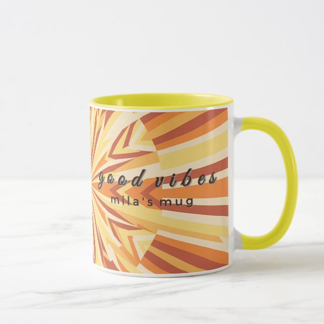 Retro 1970s Good Vibes Custom Name Mug - Yellow (Right)