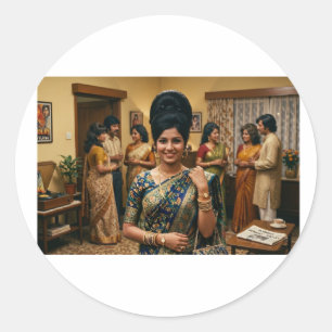 Retro 1970s Indian Fashion & Bouffant Hairstyle Il Classic Round Sticker
