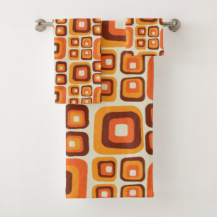 Retro 1970s Mid Century Orange and Brown Geometric Bath Towel Set
