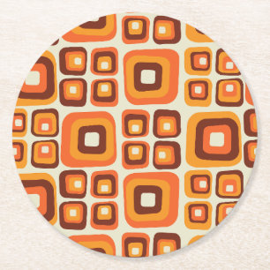 Retro 1970s Mid Century Orange and Brown Geometric Round Paper Coaster