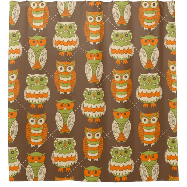 Retro 1970s Orange, Green Owls on Brown Patterned Shower Curtain (Front)