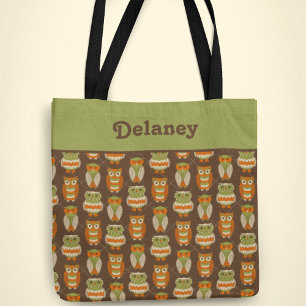 Retro 1970s Orange, Green Owls on Brown Patterned Tote Bag