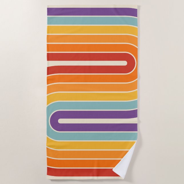 Retro 1970s Style Arched Stripes Geometric Pattern Beach Towel (Front)