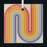 Retro 1970s Style Arched Stripes Geometric Pattern Glass Tree Decoration<br><div class="desc">This artwork channels a retro graphic spirit, forming the letter‑like curve with parallel bands of red, orange, yellow, light blue, teal, and purple. The layered arcs flow in harmony, evoking the bold optimism of 1970s design. Set against a soft beige background, the vibrant rainbow palette stands out with clarity and...</div>
