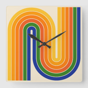 Retro 1970s Style Arched Stripes Geometric Pattern Square Wall Clock
