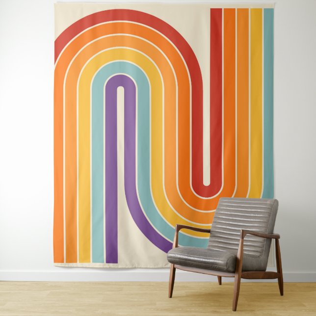 Retro 1970s Style Arched Stripes Geometric Pattern Tapestry (In Situ)