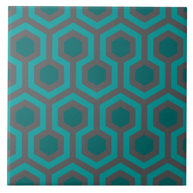 Retro 1970s Teal Turquoise Green Abstract Pattern Ceramic Tile (Front)