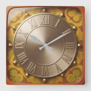 Retro 1970s Vintage Mustard Floral & Brushed Steel Square Wall Clock