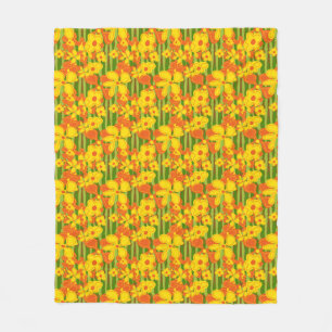 Retro 1970s Yellow Orange Flowers Fleece Blanket