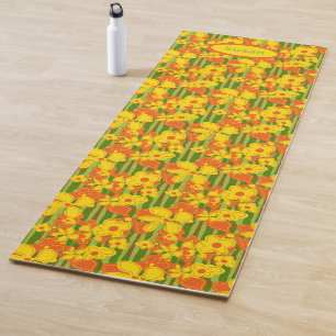 Retro 1970s Yellow Orange Flowers Yoga Mat