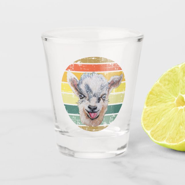 Retro 1980 Faded Sunset Rainbow Baby Goat Kid Art Shot Glass (Front)