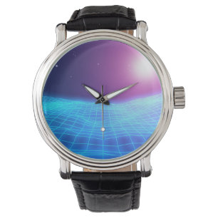 Retro 1980 synthwave glowing neon lights landscape watch