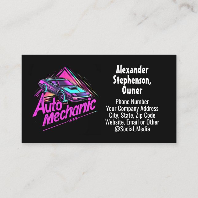 Retro 1980s 90s Sports Car Auto Mechanic Business Card (Front)