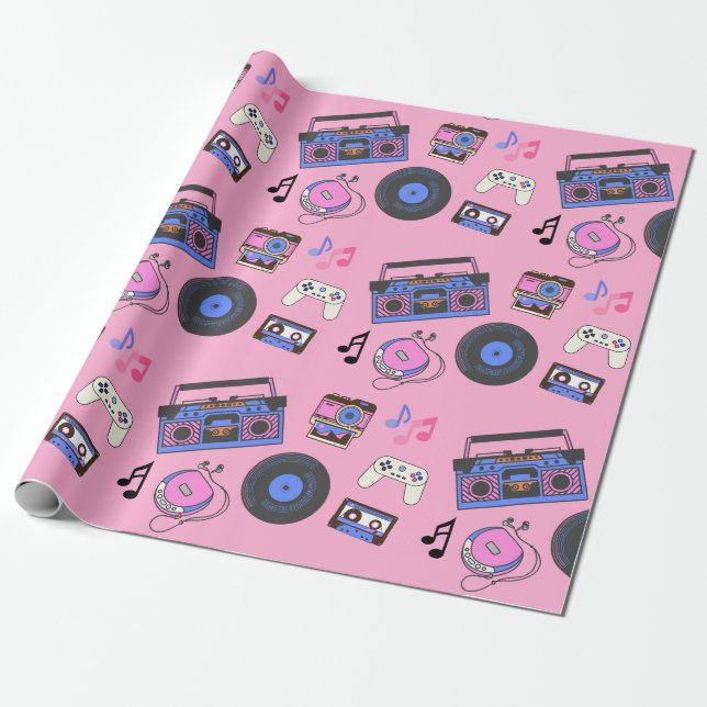 Retro 1980's Era Music Birthday Wrapping Paper (Unrolled)