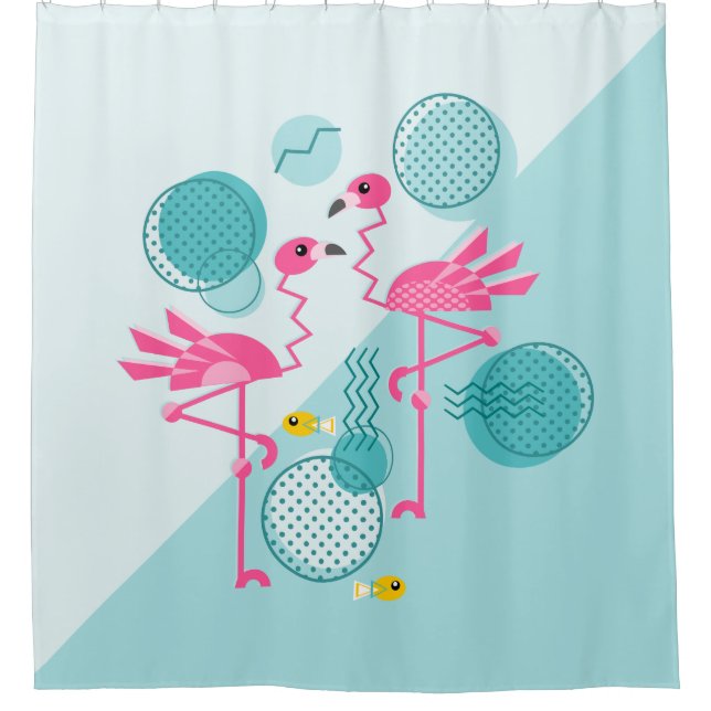 Retro 1980's Memphis Style Pink Flamingos Shower Curtain (Front)
