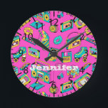 Retro 1980s Neon Pink Teal Pattern Pop Art Music Round Clock<br><div class="desc">Customisable name clock in retro 1980s and 1990s theme,  with bright and colourful vintage items such as cassette player,  Rubik's cube,  sweets,  scrunchies,  etc. in hot pink,  turquoise,  and yellow colours.</div>