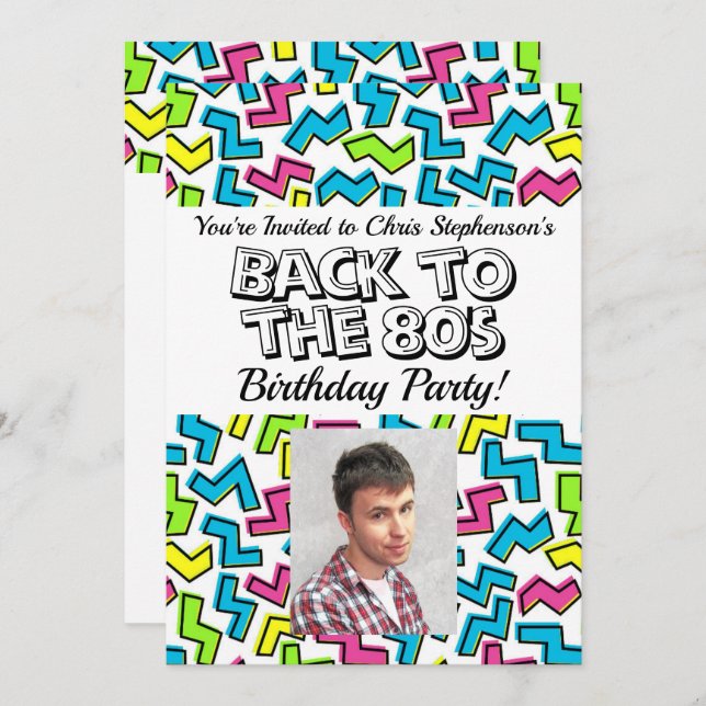 Retro 1980's Pattern 80s Birthday Party Photo Invitation (Front/Back)