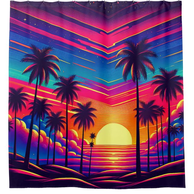 “Retro 1980's: Sunset at the Beach” Shower Curtain (Front)