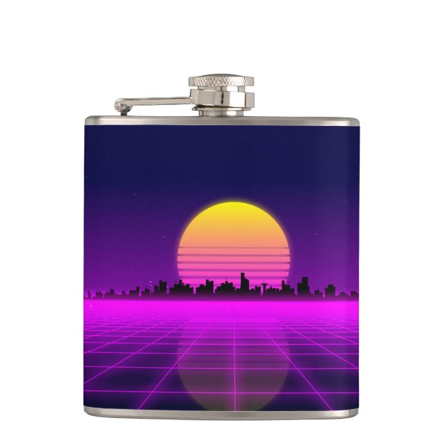 Retro 1980s synthwave glowing neon lights city hip flask (Front)