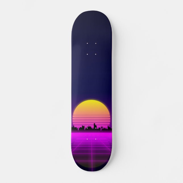 Retro 1980s synthwave glowing neon lights city skateboard (Front)