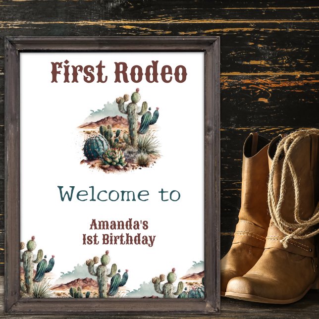 Retro 1st First Rodeo Western Cactus Birthday Poster (Creator Uploaded)