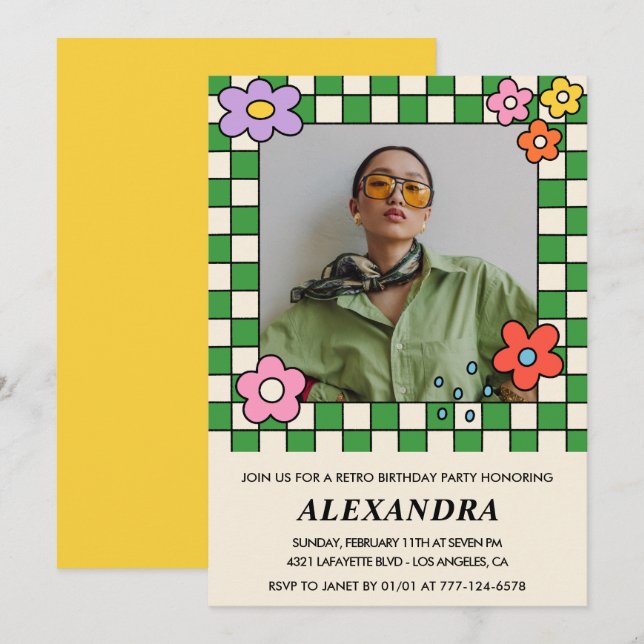 Retro 20th birthday invitations Groovy Flowers (Front/Back)