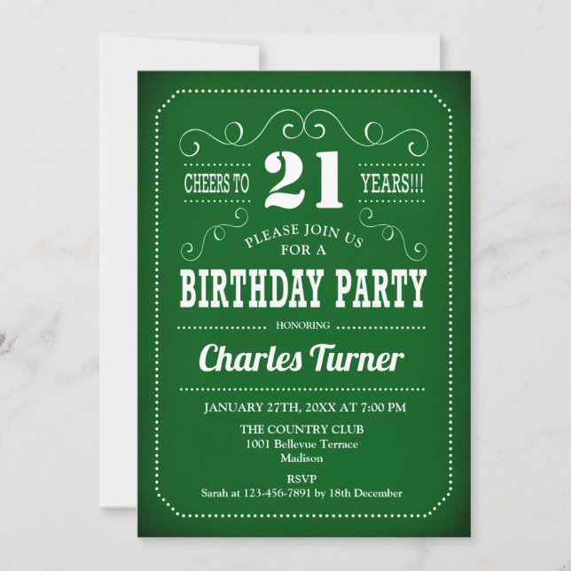 Retro 21st Birthday Party - Green White Invitation (Front)