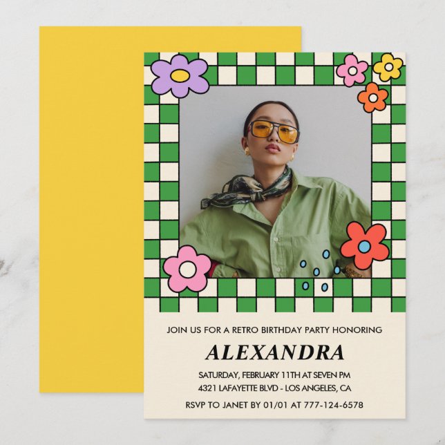 Retro 24th birthday invitations Groovy Flowers (Front/Back)