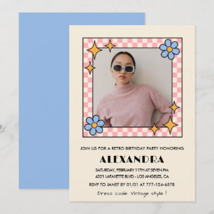 Retro 26th birthday invitation Photo Blue Floral
