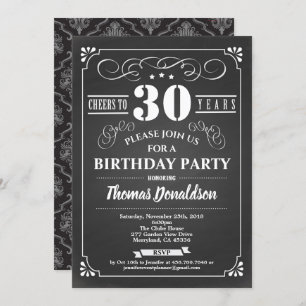 Retro 30th birthday invite. Chalkboard vintage Invitation